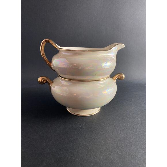 Vintage Homer Laughlin Pearl Iridescent Creamer & Open Sugar Bowl | 1940s - Picture 8 of 9